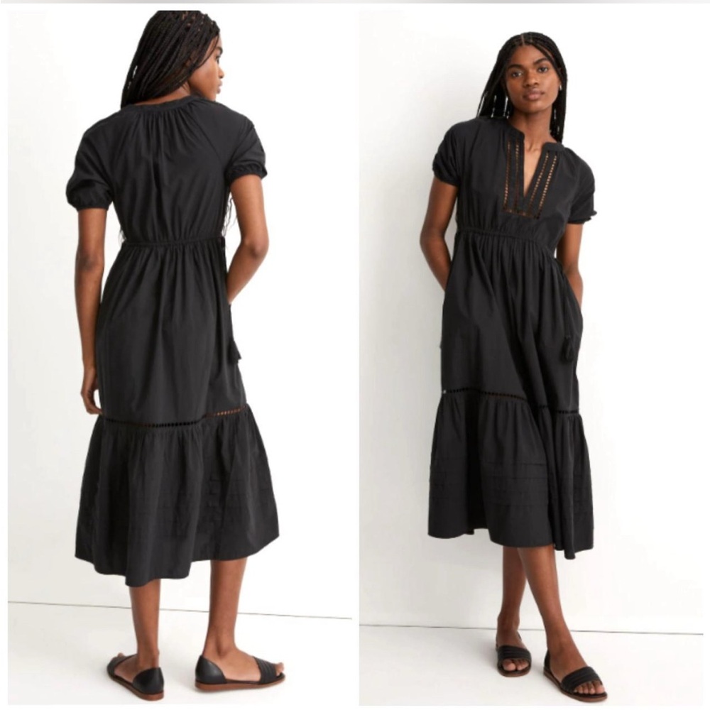 Madewell Black cotton midi dress with puff sleeves 3X